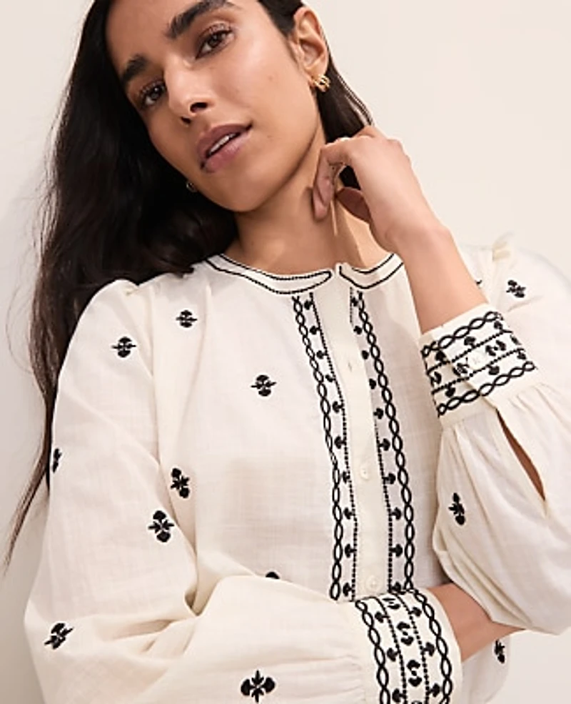 Ann Taylor Embroidered Split Neck Blouse Winter White Women's