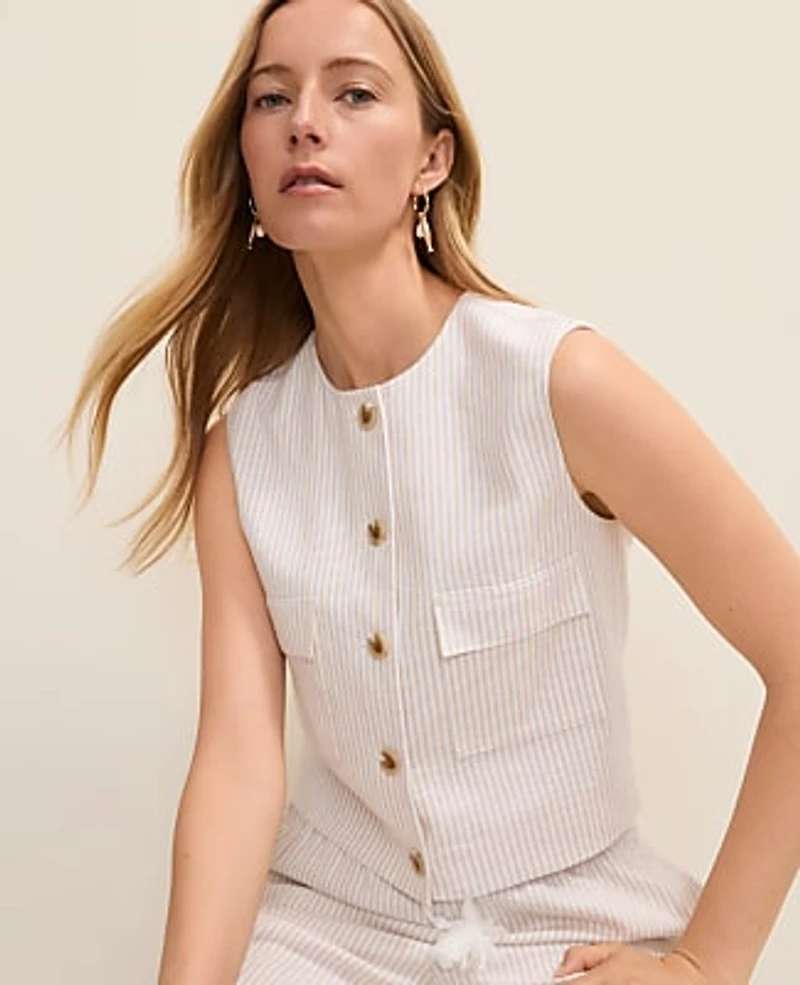 Ann Taylor Weekend Striped Vest Linen Blend Sail Cloth Women's