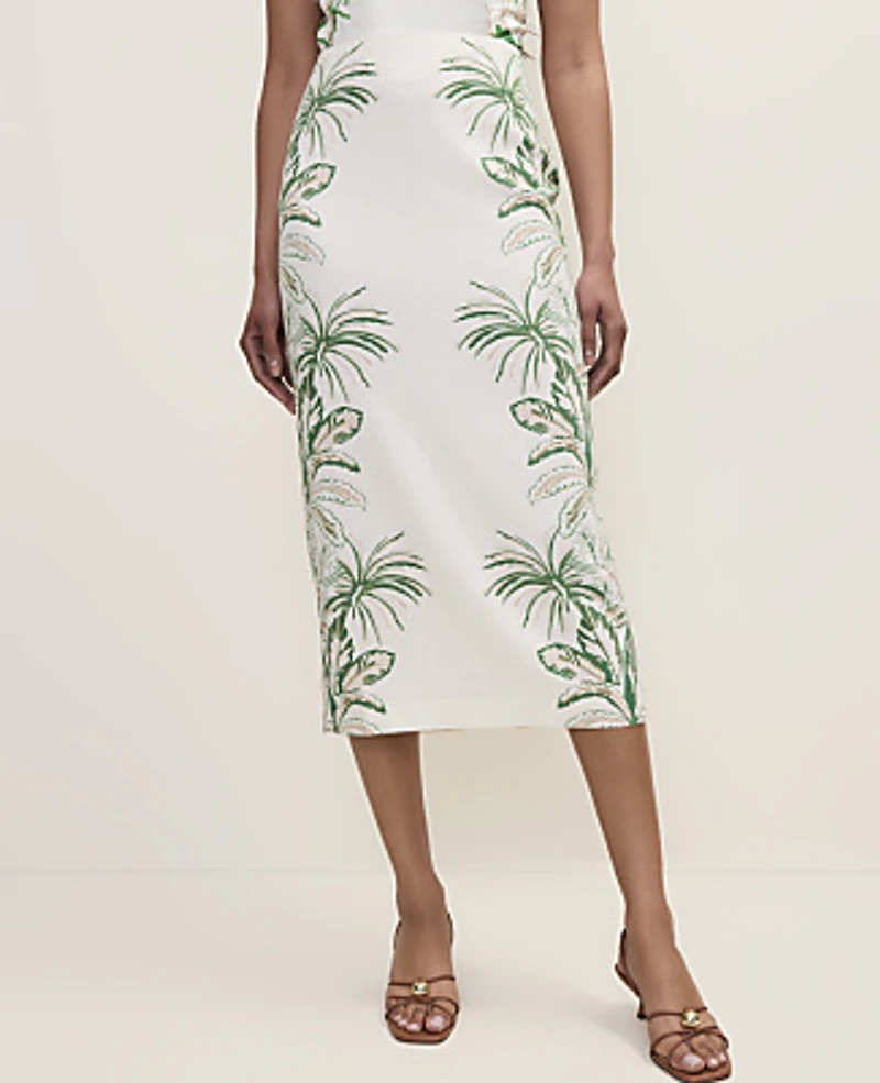Ann Taylor Palm Print Column Midi Skirt Linen Blend Frech Cut Green Women's