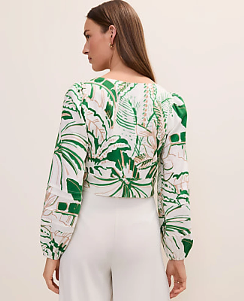 Ann Taylor Palm Print Embroidered V-Neck Blouse Linen Blend Fresh Cut Green Women's