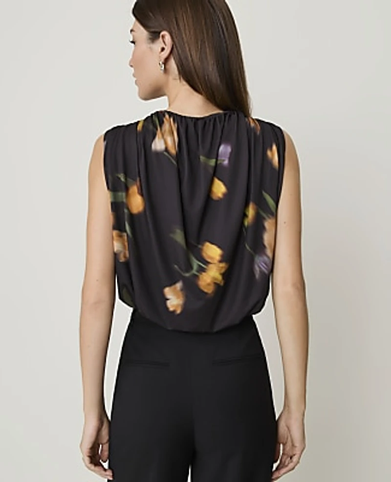 Ann Taylor Floral Gathered Bubble Hem Top Black - Yellow Women's