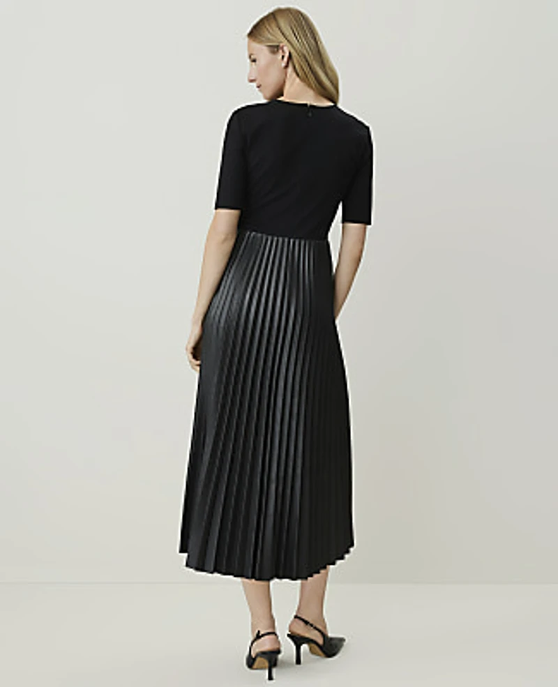 Ann Taylor Petite Faux Leather Pleated Midi Dress Black Women's