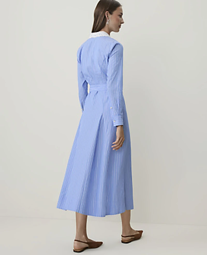 Ann Taylor Petite Striped Lace Collar Midi Shirtdress White-Blue Women's