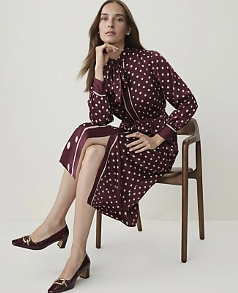 Ann Taylor Petite Polka Dot Tie Neck Midi Dress Purest Plum Women's