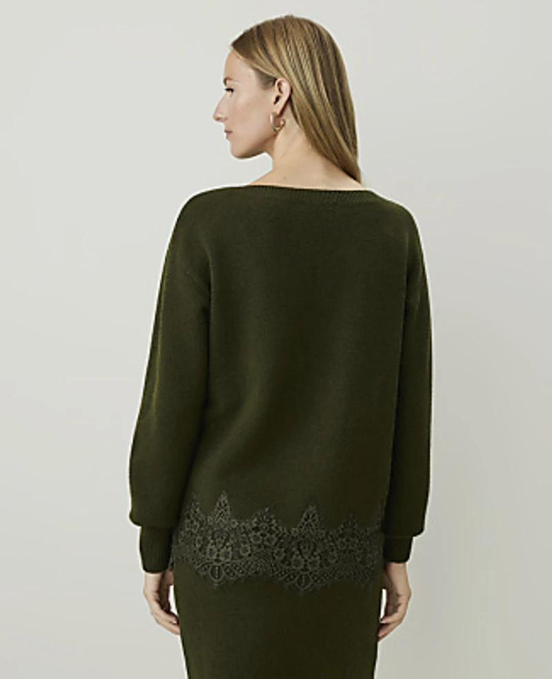 Ann Taylor Petite Lace Trim Boatneck Sweater Caper Shadow Women's