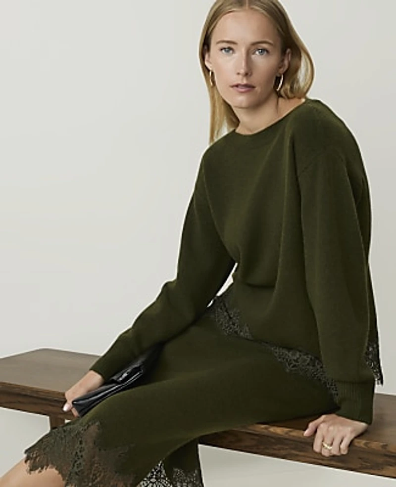 Ann Taylor Petite Lace Trim Boatneck Sweater Caper Shadow Women's