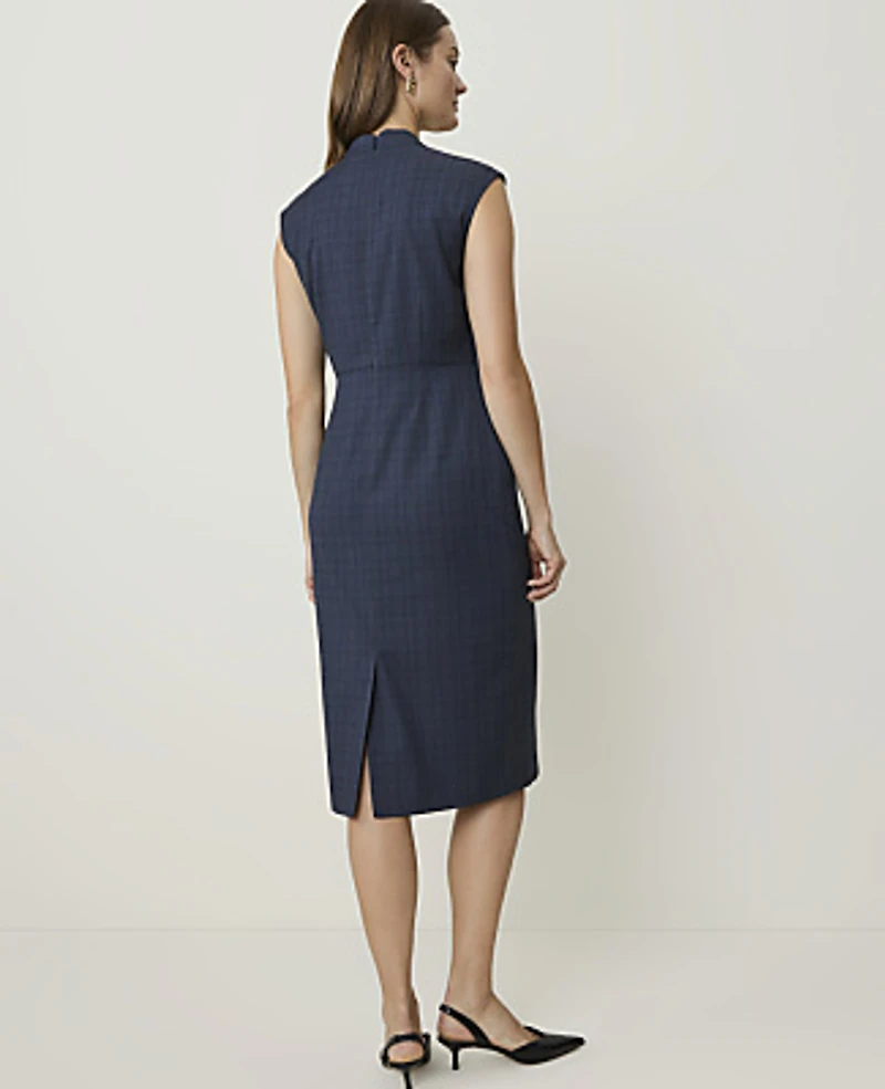 Ann Taylor Petite Plaid Split Neck Sheath Dress Blue Combo Fancy Check Women's