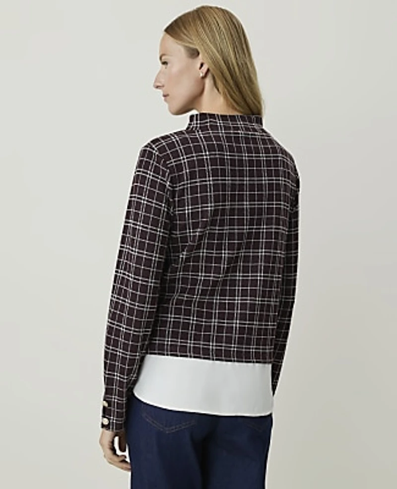 Ann Taylor Petite Plaid Layered Mock Neck Top Purest Plum Women's