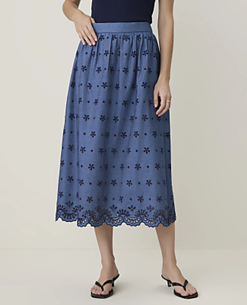 Ann Taylor Petite Weekend Eyelet Gathered Midi Skirt Sea Haze Women's