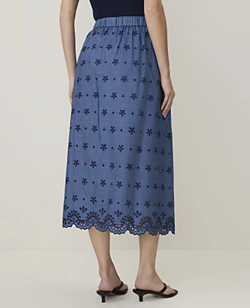 Ann Taylor Petite Weekend Eyelet Gathered Midi Skirt Sea Haze Women's