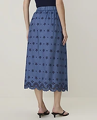 Ann Taylor Petite Weekend Eyelet Gathered Midi Skirt Sea Haze Women's
