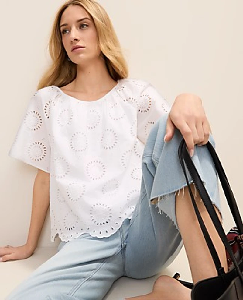 Ann Taylor Weekend Eyelet Scalloped Top White Women's