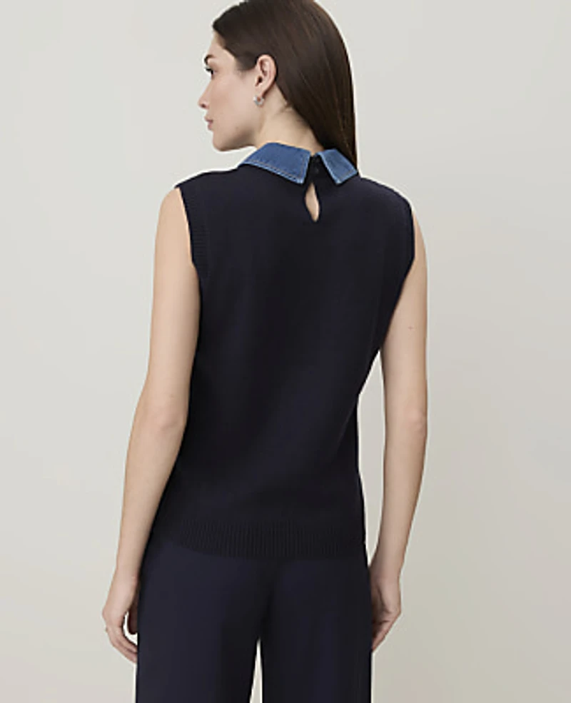 Ann Taylor Petite Weekend Denim Collar Sweater Vest Night Sky Women's