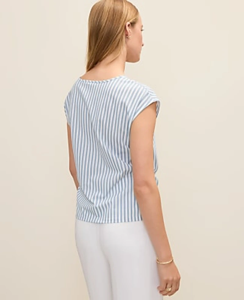 Ann Taylor Petite Striped Tie Waist T-Shirt Coastline Blue Women's