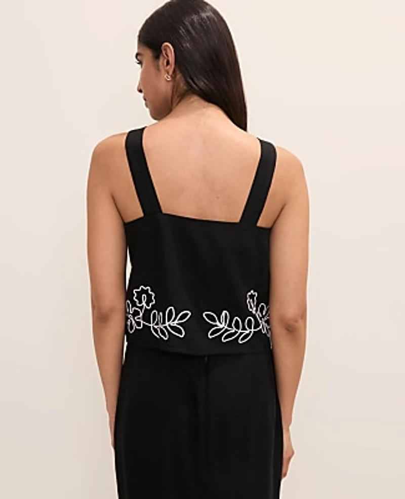 Ann Taylor Petite Embroidered Square Neck Tank Top Black Women's