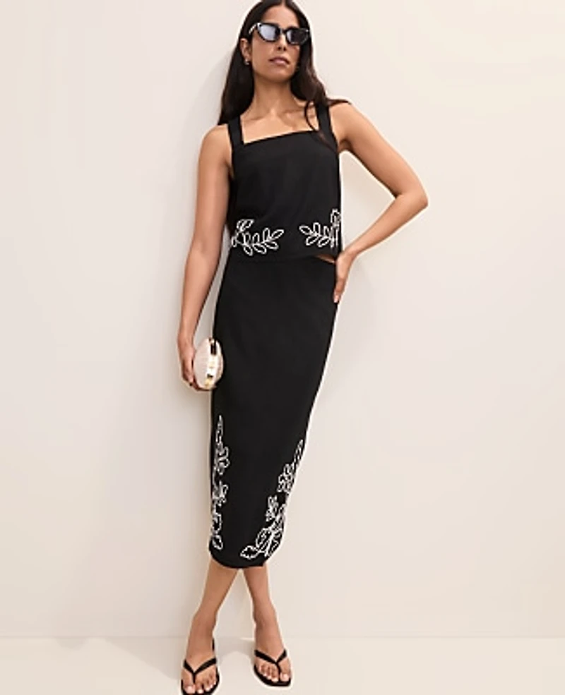 Ann Taylor Petite Embroidered Square Neck Tank Top Black Women's
