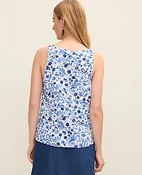 Ann Taylor Floral Mixed Media V-Neck Shell Top Winter White - Pure Ink Women's