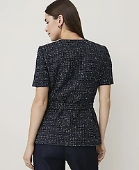 Ann Taylor The Petite Belted Short Sleeve Jacket Tweed Navy White Combo Women's