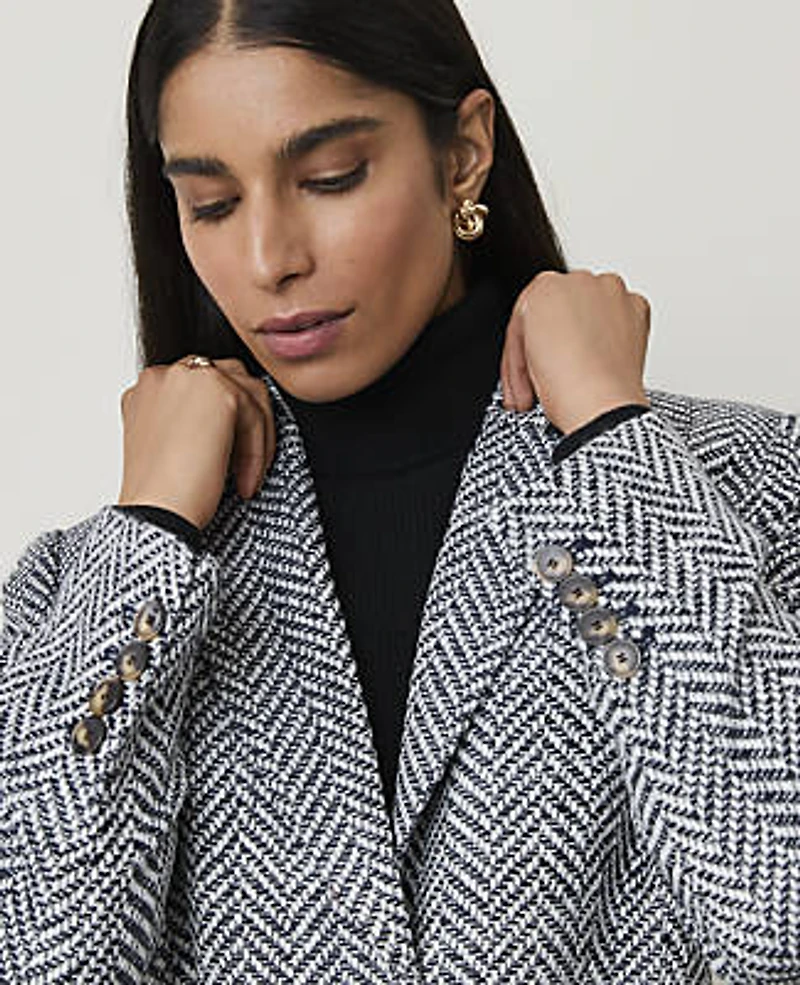Ann Taylor Plaid Short Chesterfield Coat Navy/White Combo Women's