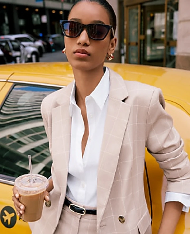 Ann Taylor The Windowpane Crosby Blazer Classic Canvas Tan White Women's