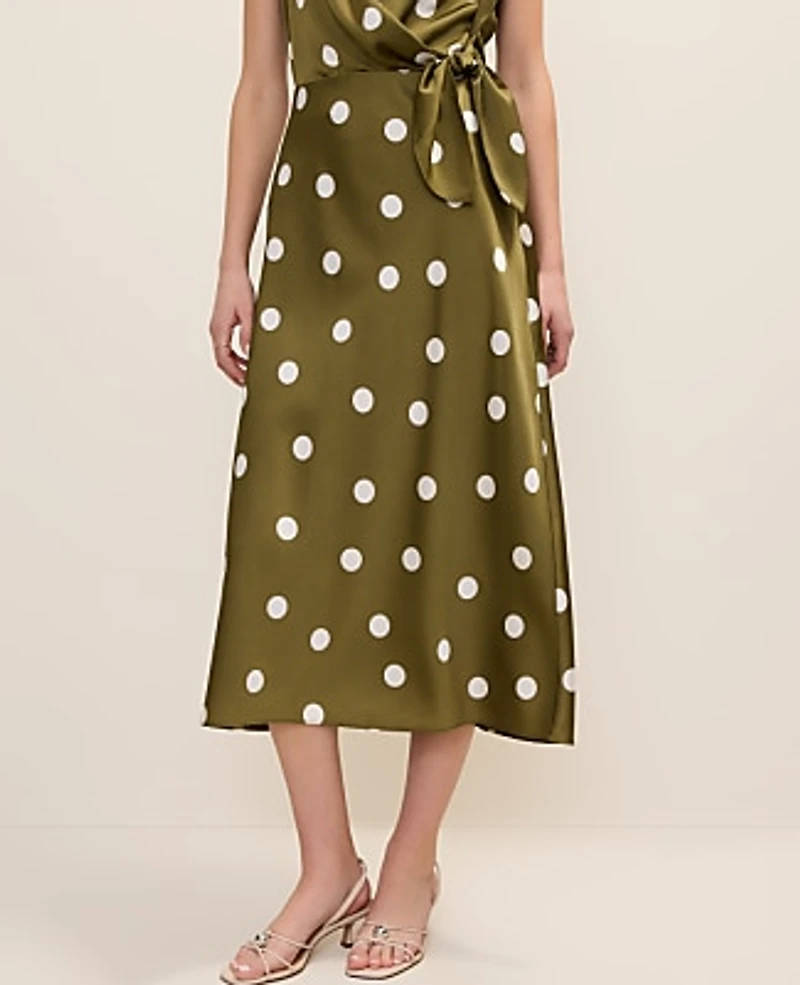 Ann Taylor Petite Dotted Satin Midi Slip Skirt Moss Green Women's