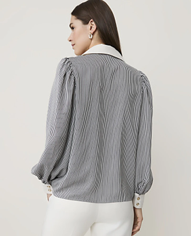 Ann Taylor Petite Striped Split Neck Blouse Satin Night Sky Women's