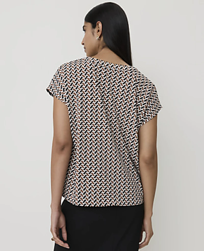 Ann Taylor Geo Print Mixed Media Pleat Front Top Black Women's
