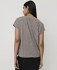 Ann Taylor Geo Print Mixed Media Pleat Front Top Black Women's