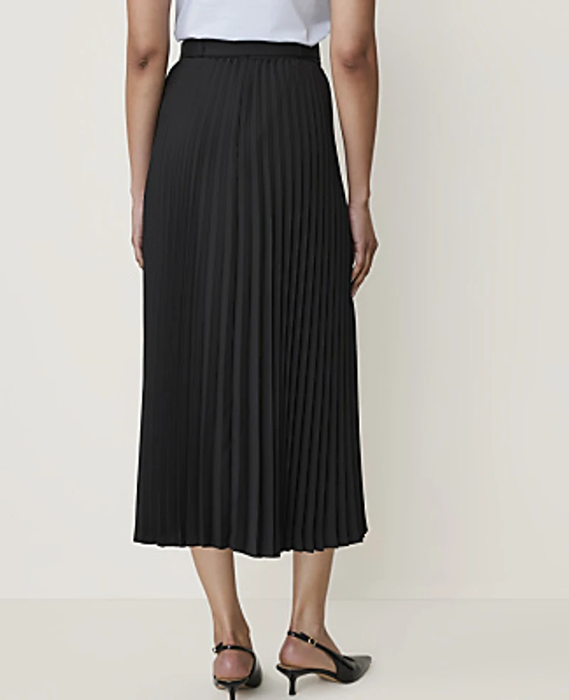 Ann Taylor Petite Belted Pleated Midi Skirt Black Women's
