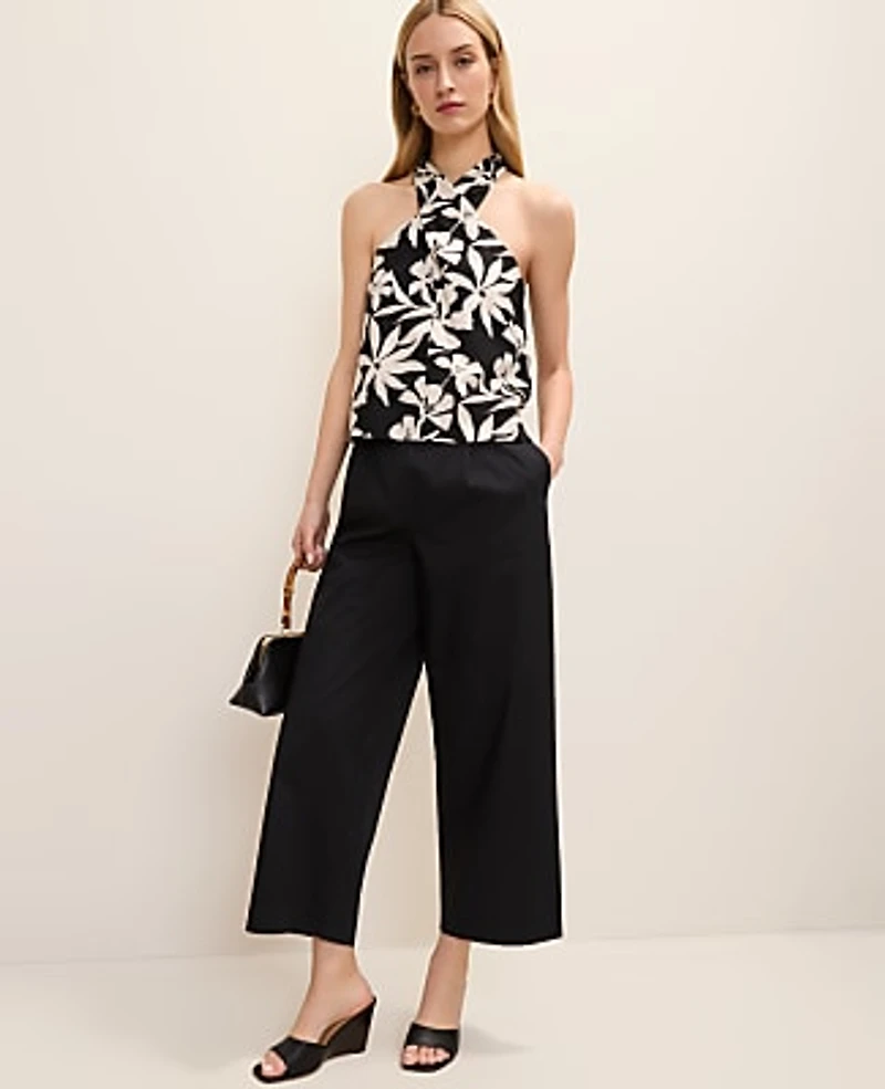 Ann Taylor Floral Twist Halter Top Linen Blend Black Women's