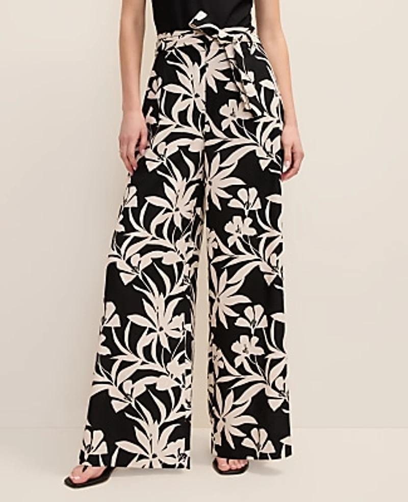 Ann Taylor The Petite Wide-Leg Paperbag Pant Floral Linen Blend Black Women's