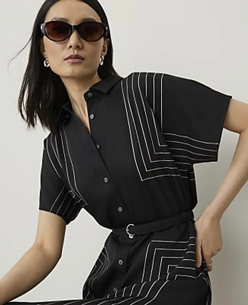 Ann Taylor Petite Geo Print Belted Shirtdress Black Women's