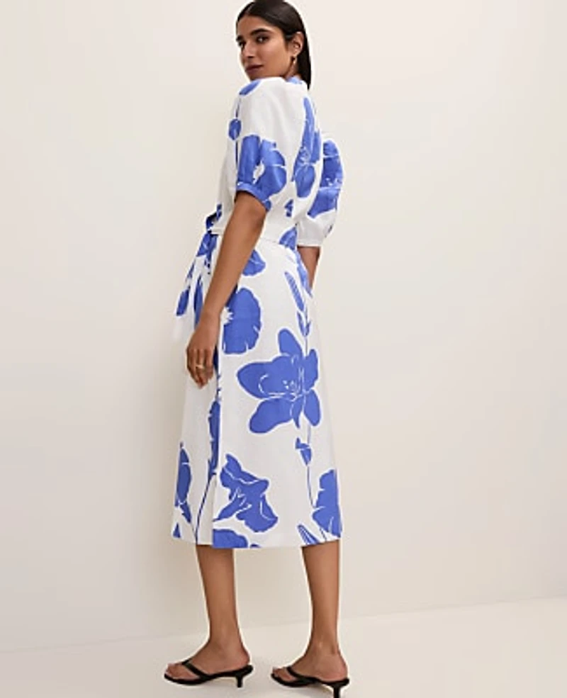 Ann Taylor Floral Puff Sleeve Midi Dress Linen Dream Blue Women's