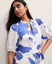 Ann Taylor Floral Puff Sleeve Midi Dress Linen Dream Blue Women's