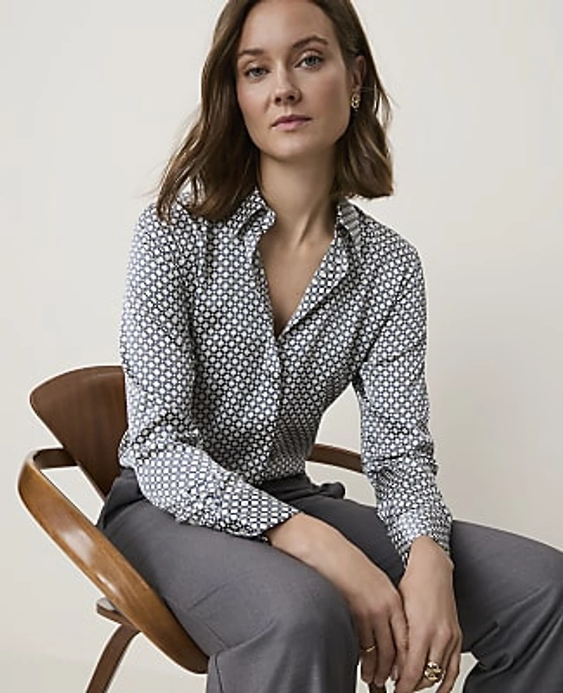 Ann Taylor Geo Satin Shirt Winter White-Cool Dusk Women's