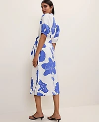 Ann Taylor Petite Floral Puff Sleeve Midi Dress Linen Dream Blue Women's
