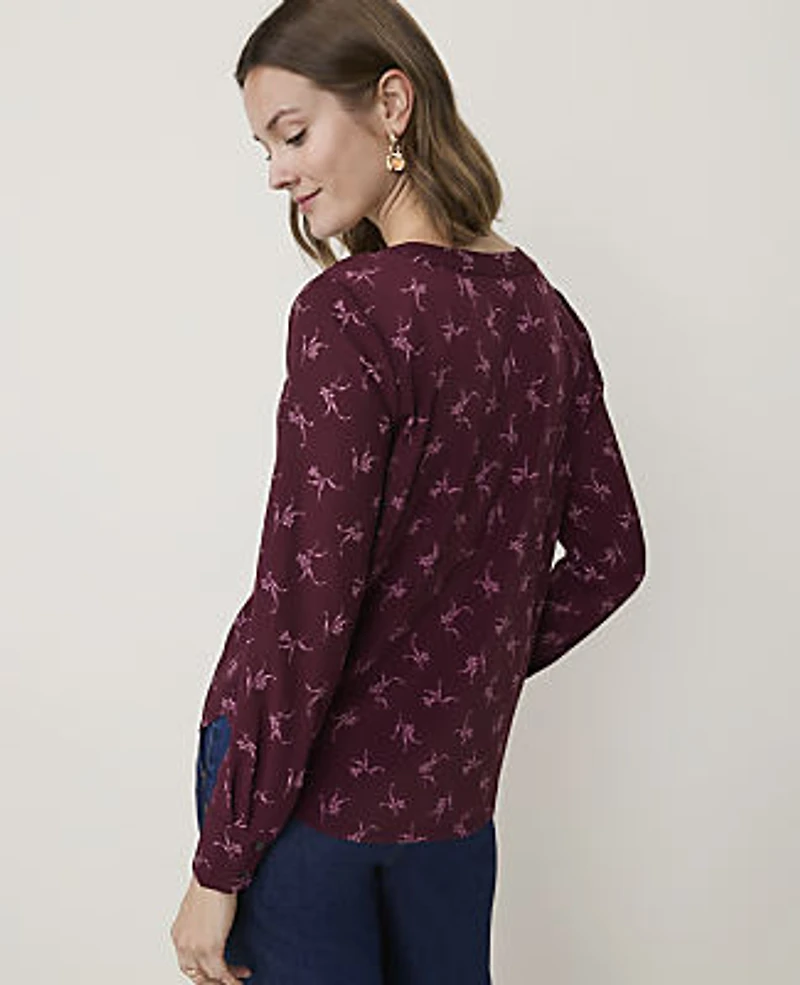 Ann Taylor Floral Mixed Media Pleat Front Top Purest Plum Women's