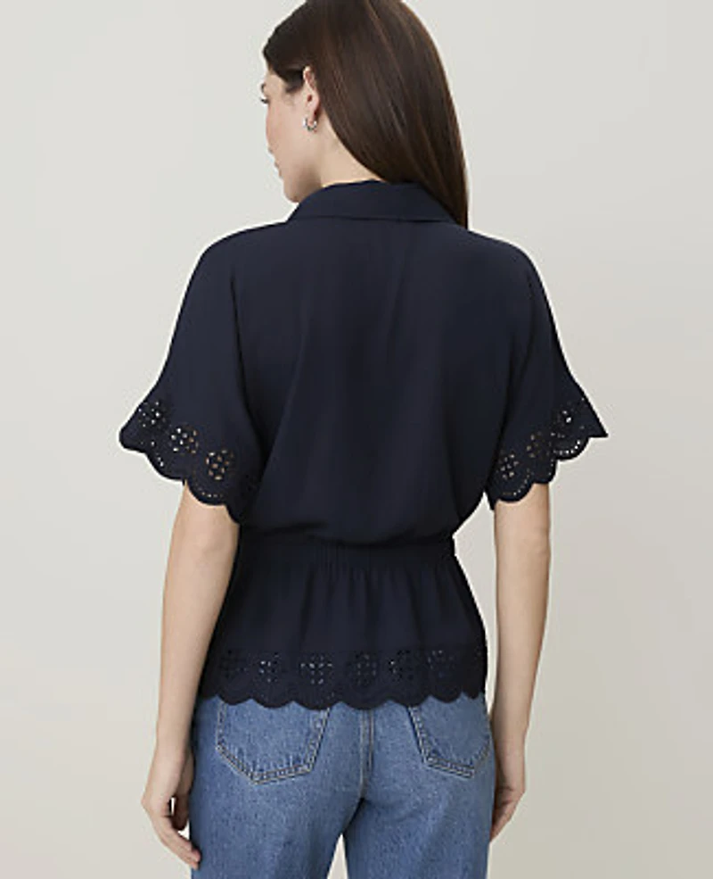 Ann Taylor Weekend Embroidered Tie Waist Blouse Night Sky Women's