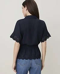 Ann Taylor Weekend Embroidered Tie Waist Blouse Night Sky Women's