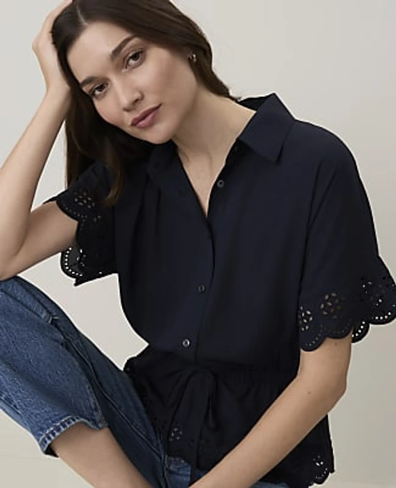 Ann Taylor Weekend Embroidered Tie Waist Blouse Night Sky Women's