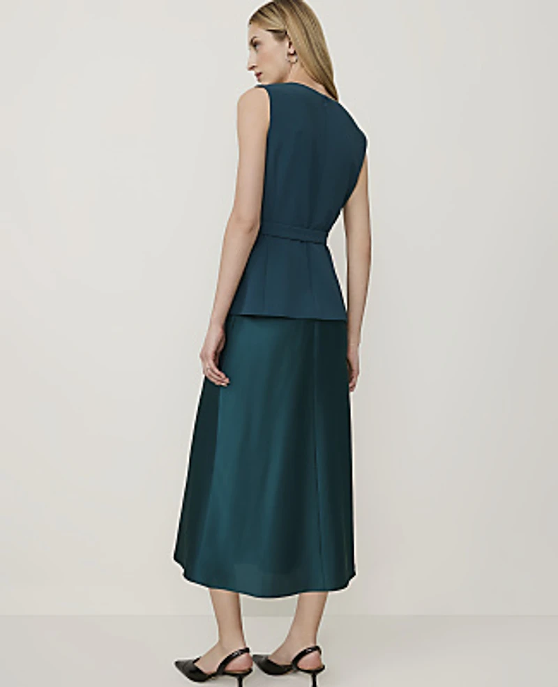Ann Taylor Petite Belted V-Neck Midi Slip Dress Deep Forest Pine Women's