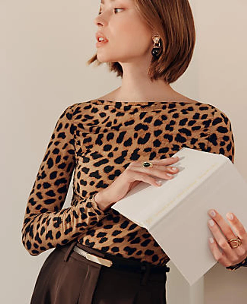 Ann Taylor Petite Animal Print Ruched Boatneck Top Cafe Au Lait B Women's
