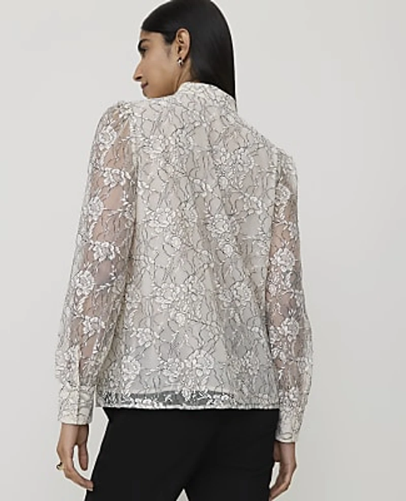 Ann Taylor Embroidered Shirred Blouse Black Ivory Combo Women's