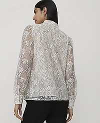 Ann Taylor Embroidered Shirred Blouse Black Ivory Combo Women's