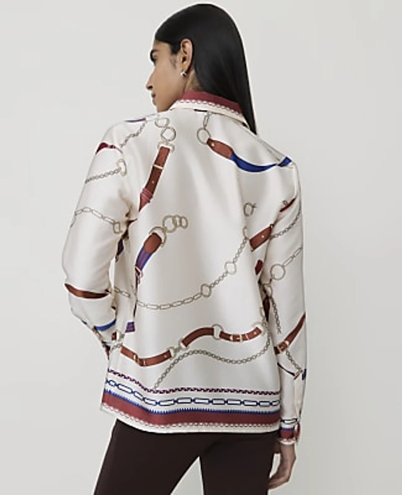 Ann Taylor Horsebit Print Modern Shirt Satin Sand Shell Top Women's