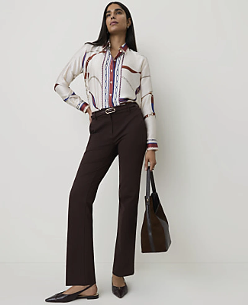 Ann Taylor Horsebit Print Modern Shirt Satin Sand Shell Top Women's