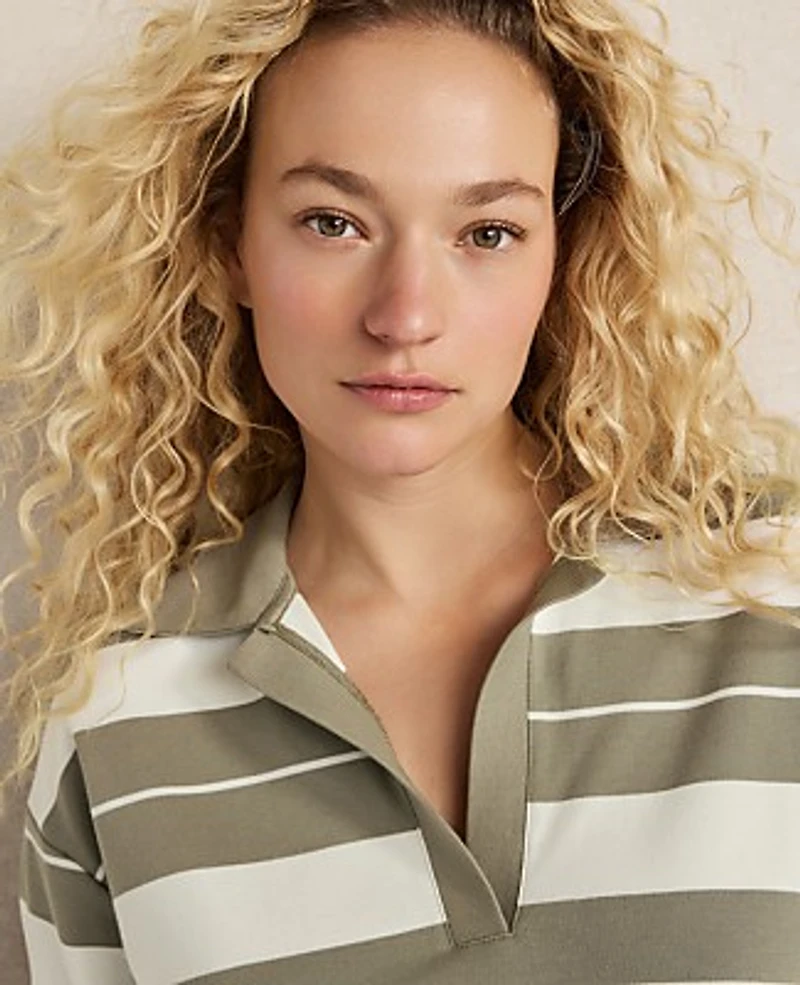 Ann Taylor Haven Well Within Organic Cotton Interlock Stripe Johnny Collar Top Ivory Women's