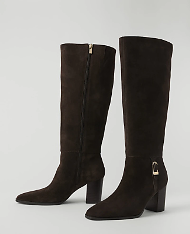 Ann Taylor Suede Block Heel Tall Boot Pure Chocolate Women's