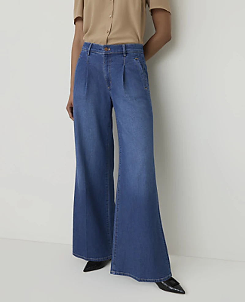 Ann Taylor The Petite Pleated Denim Palazzo Trouser Bright Medium Stone Wash Women's
