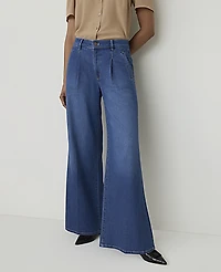 Ann Taylor The Petite Pleated Denim Palazzo Trouser Bright Medium Stone Wash Women's
